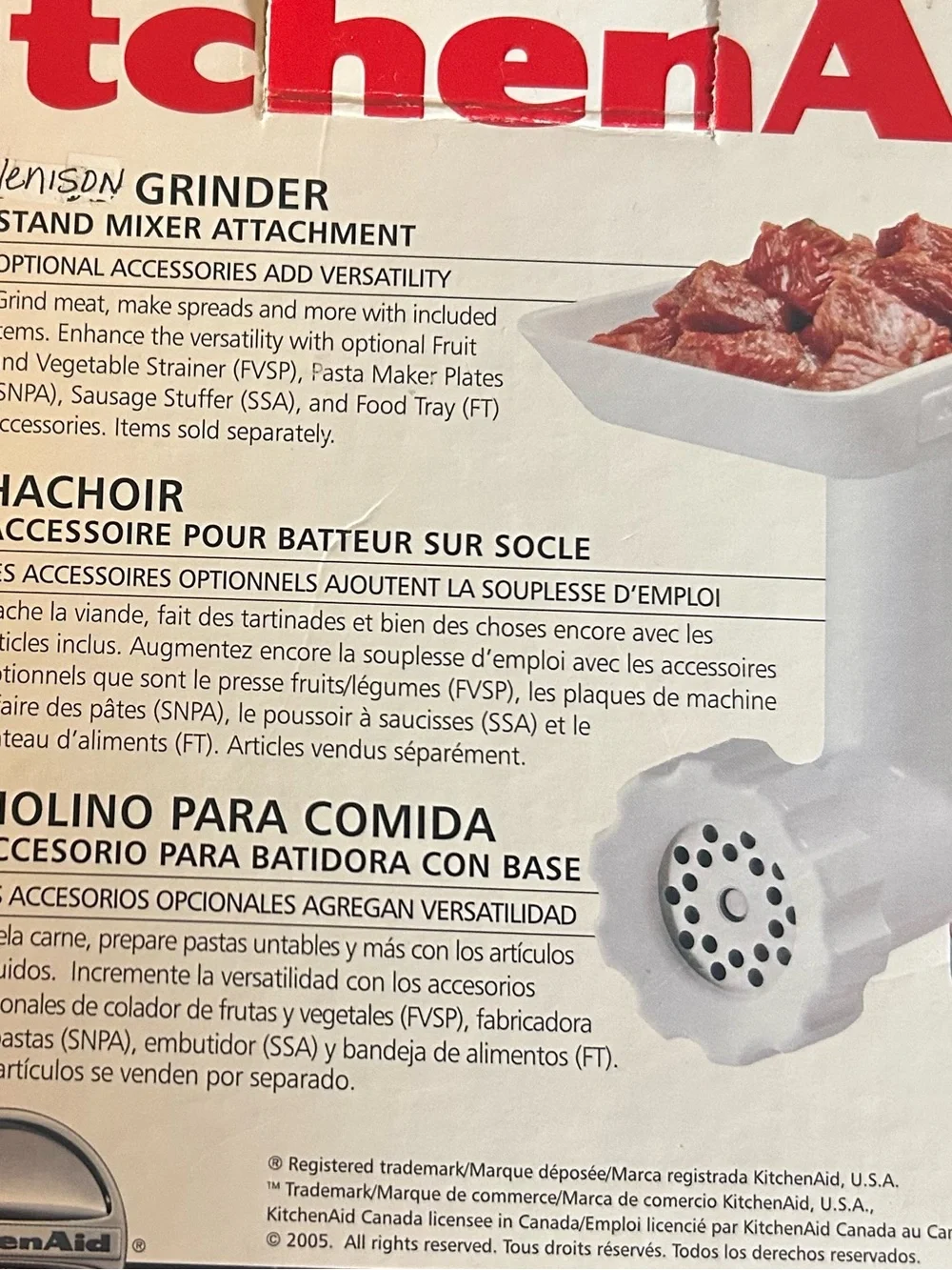 KitchenAid FGA Food Grinder Stand Mixer Attachment – New Unused Complete